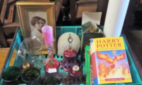 Sundry lot including coloured and other glassware, print, volumes including Harry Potter etc