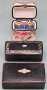 Two vintage ebonised mother of pearl inlaid snuff boxes, plus Limoges scent bottles