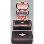 Two vintage ebonised mother of pearl inlaid snuff boxes, plus Limoges scent bottles