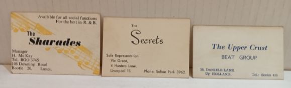 Six MerseyBeat era business cards includes The Web Sect, The Topics, The Secrets, The Upper Crust,
