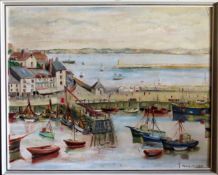 Mabel Mutter framed Oil on Board depicting Brixham Harbour, Devon. App. 40 x 50cm