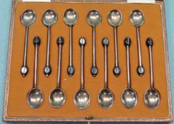 Cased set of twelve hallmarked silver coffee bean spoons, Sheffield assay. All appear in