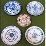 Five various antique Oriental style blue and white side plates All in used condition, unchecked