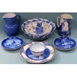 Parcel of blue and white ceramics including Royal Copenhagen Christmas plates, Oriental sugar bowl
