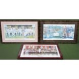Pencil signed polychrome cricket related print, signed Jedd, another Jedd cricket related print