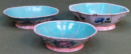 Three similar 19th century Oriental glazed ceramic bowls with enamelled decoration. Largest