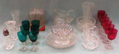 Collection of coloured and other glass Inc. light shade, stemmed drinking glasses, etc all used