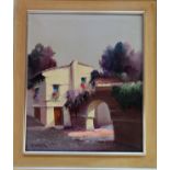 1970's framed oil on canvas depicting a European villa scene. App. 55 x 46cm