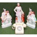 Three various Staffordshire style figure groups, plus vintage PO Telephone