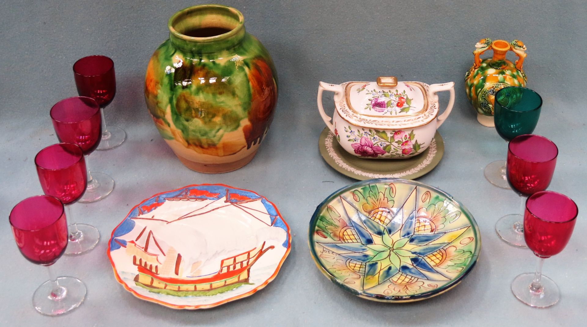 Sundry ceramics and glass, Victorian sugar bowl, Majolica style dish etc All in used condition,