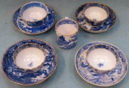 Three 18th/19th century pode blue and white tea bowls and saucers, plus small tankard all used and
