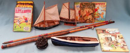 Mixed lot including fishing rods, childrens annuals, comics, model boats, All in used condition,