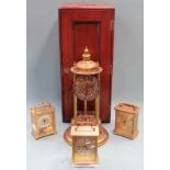 Vintage mahogany Microscope case, plus four various gilt clocks