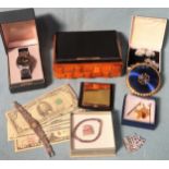 Quantity of various costume jewellery, Seiko wristwatch, powder compacts, Banknotes etc All in