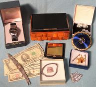 Quantity of various costume jewellery, Seiko wristwatch, powder compacts, Banknotes etc All in