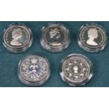 Five various Silver proof commemorative coins All appear in reasonable used condition