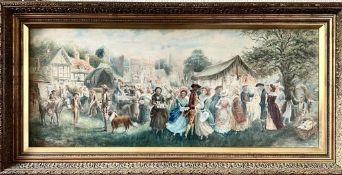 GILT FRAMED WATERCOLOUR, 'VILLAGE FETE', APPROX 39 x 95cm