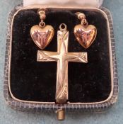 9ct gold cross, plus pair of heart form earrings. Total weight 4g All