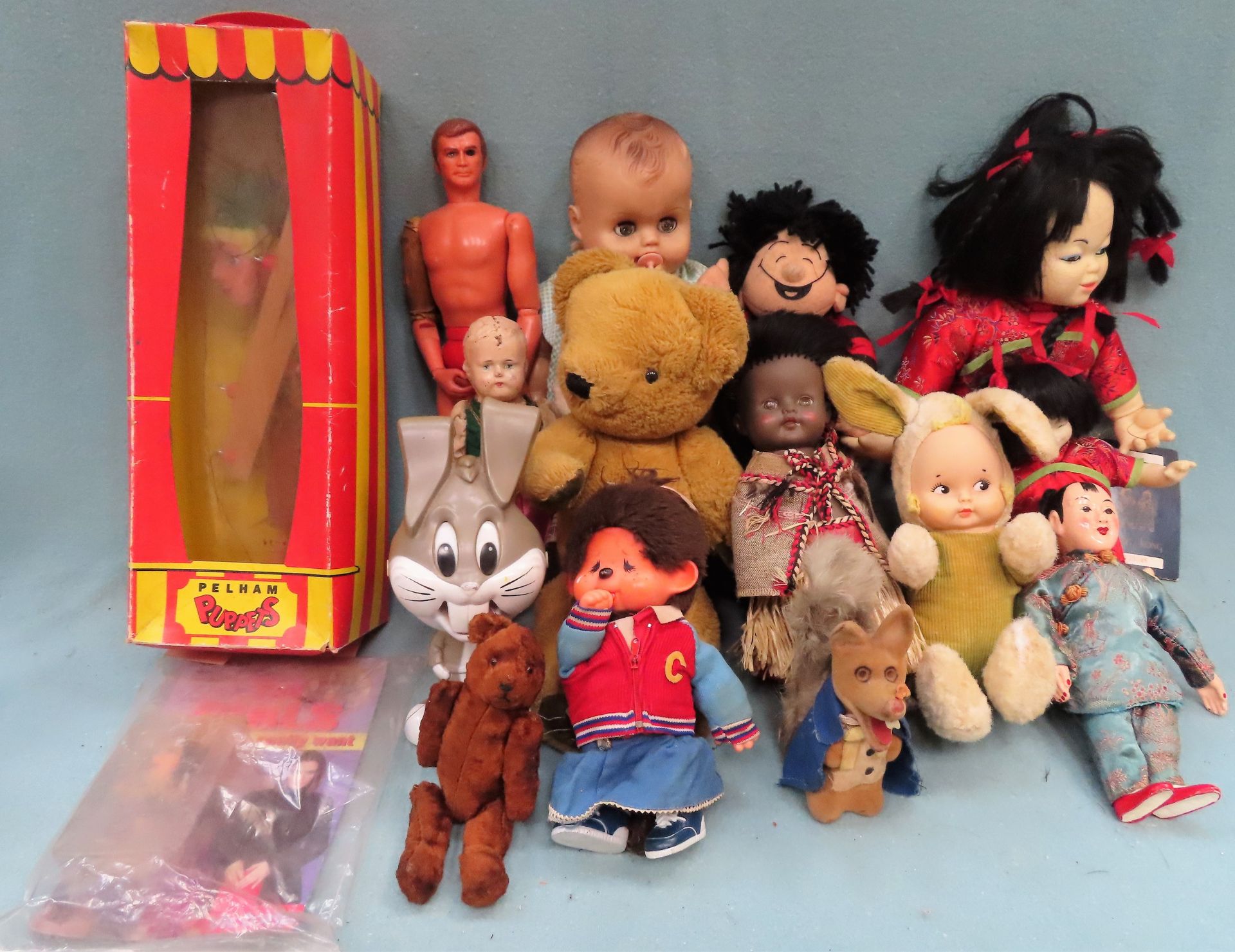 Parcel of various dolls and teddies including boxed Pelham Puppet, Basil Brush, Dennis the Menace,