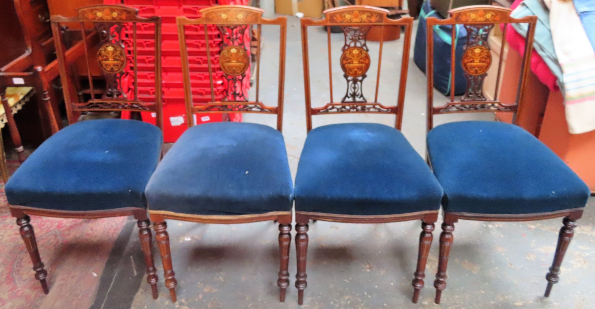 Set of four 19th century Rosewood inlaid and piercework decorated dining chairs