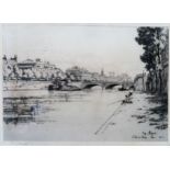 Ebonised framed monochrome etching depicting a Parisian river scene, signed in pencil by the artist.