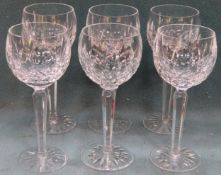 Set of six Waterford crystal stemmed hock glasses. Approx. 19cms H reasonable used condition