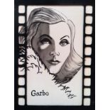 Large canvas within ebonised movie reel frame depicting Greta Garbo. App. 148 x 107cm