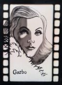Large canvas within ebonised movie reel frame depicting Greta Garbo. App. 148 x 107cm