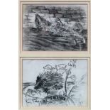 Joy Parsons pair of framed sketches depicting hedgehogs. Approx. 14cms x 19cms