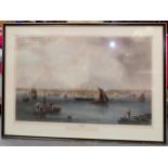 Large framed polychrome engraving depicting Boston Harbour in 1857, painted by J. W. Hill,