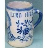 Early 19th century English Delft pottery tankard, decorated with a bust of Lord Nelson and inscribed