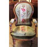 Good quality Walnut framed tapestry upholstered armchair. App. 100cm H x 60cm W x 65cm D