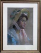 Framed pastel side portrait profile of a female. App. 56 x 39cm
