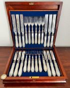 CASED SET OF TWELVE DESSERT KNIVES AND FORKS, SILVER PLATED AND MOTHER OF PEARL HANDLES