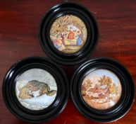 THREE POT LIDS INCLUDING THE SNOW DRIFT, ANNE HATHAWAY COTTAGE AND ONE UNTITLED, FRAMES APPROX 14.