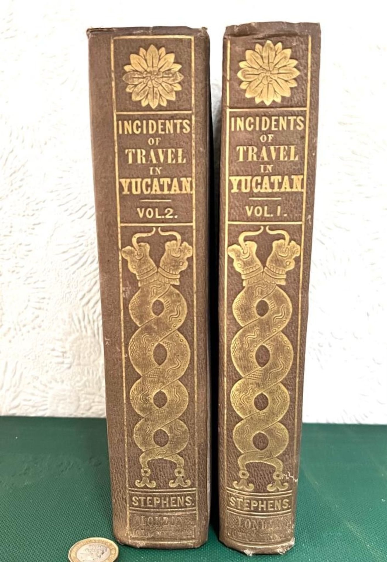 STEPHENS, JOHN L, INCIDENTS OF TRAVEL IN YUCATAN, 1843, TWO VOLUMES, BOARD BACKS, INCLUDING MAP,