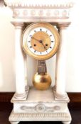 FRENCH FINE WHITE MARBLE, FOUR PILLAR EMPIRE STYLE CLOCK BY CRONIER, RUE A MARIES, PARIS, APPROX