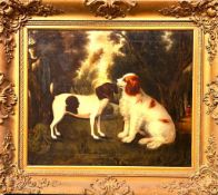 UNSIGNED 19th CENTURY OIL ON CANVAS, 'TERRIER AND SPANIEL', APPROX 61 x 74cm
