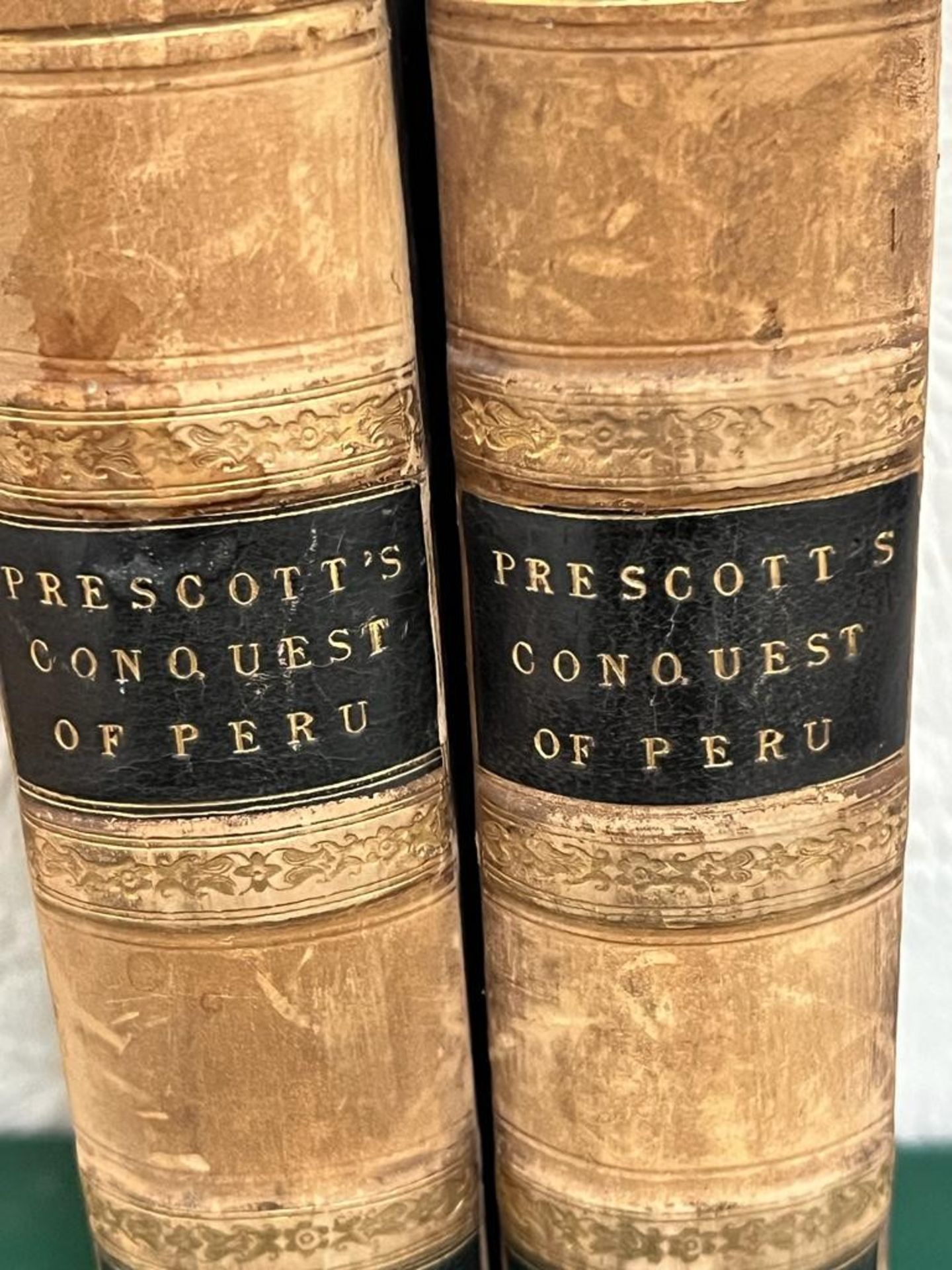 PRESCOTT, WILLIAM, CONQUEST OF PERU, 1847, TWO VOLUMES, QUARTER LEATHER AND MARBLED BOARDS - Image 2 of 3