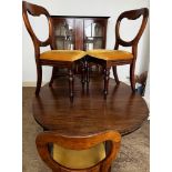 STAINED HARDWOOD DROP LEAF DINING TABLE, PLUS FOUR DINING CHAIRS