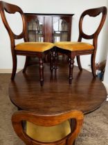 STAINED HARDWOOD DROP LEAF DINING TABLE, PLUS FOUR DINING CHAIRS