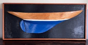 HANDCRAFTED HALF MODEL OF SAILING YACHT, CLASS NOT KNOWN, FRAME APPROX 71 x 30cm