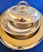 BRASS TRAY, ENTREE DISH AND COVER, PLUS PLATED GALLERY TRAY