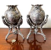 PAIR OF SILVER VASES, REPOUSSE PANELS AND FIGURES HOLDING DETACHABLE SWAGS, 1903, WEIGHT APPROX 800g
