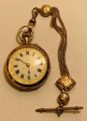 GOLD COLOURED LADIES POCKET WATCH, RUBBED MARK, ENAMEL PANSY ON REVERSE, ONE ROUGH DIAMOND APPROX