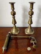 PAIR OF BRASS CANDLESTICKS PLUS BRASS HOLDER ON A GIMBAL