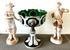 GREEN GLASS STEM BOWL WITH OVERLAY PANELS, APPROX 19cm HIGH, PLUS TWO CONTINENTAL FIGURES