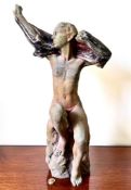CAST AND WEATHERED METALLIC SEATED FIGURE IN THE ART NOUVEAU MANNER, APPROX 57cm HIGH TO TOP OF