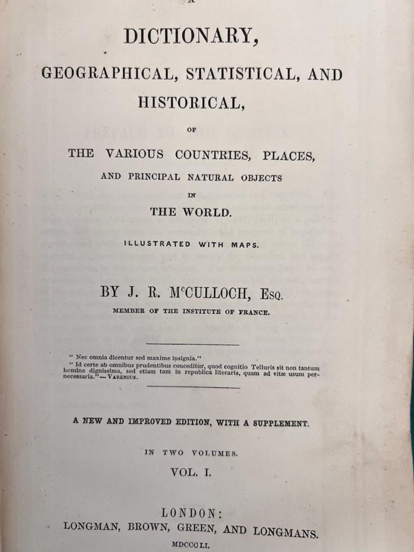 McCULLOCH'S, GEOGRAPHICAL, STATISTICAL AND HISTORICAL WITH MAPS, 1851, CLOTH BOARDS, TWO VOLUMES AND - Image 2 of 4