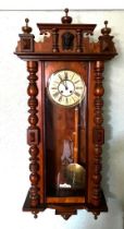 POLISHED WALNUT CASED VIENNA CLOCK, SPRING DRIVEN, APPROX 117cm HIGH AND 46cm WIDE AND 17.5cm DEEP